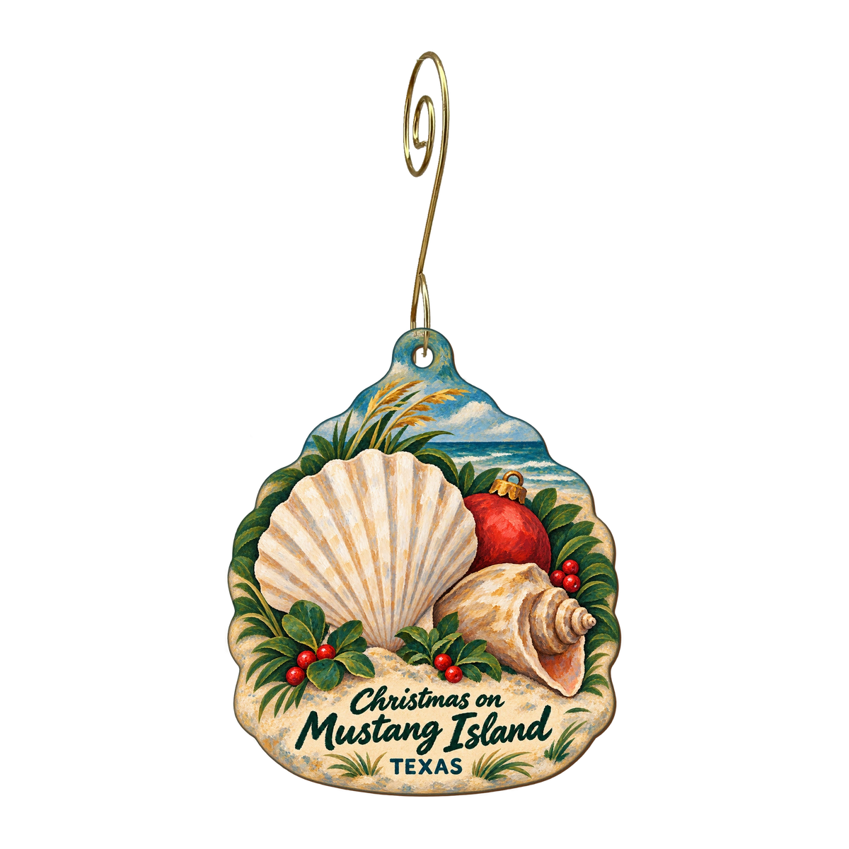 Mustang Island State Park — Christmas custom wood ornament OC1773, photographic gold spiral hook
