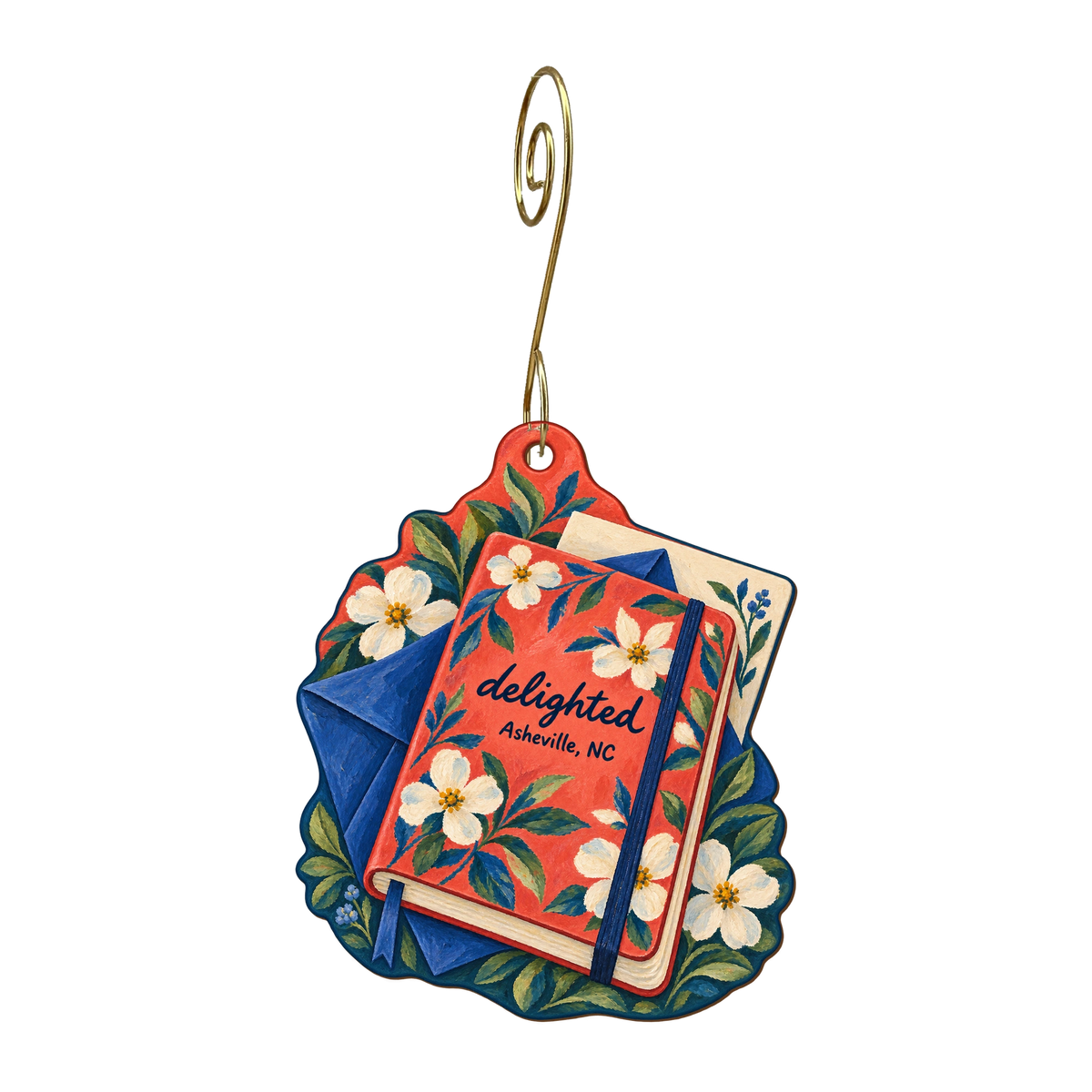 delighted — Store identity custom wood ornament OC1775, photographic gold spiral hook