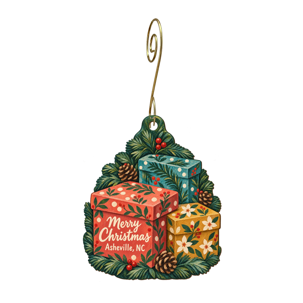 delighted — Christmas custom wood ornament OC1776, photographic gold spiral hook