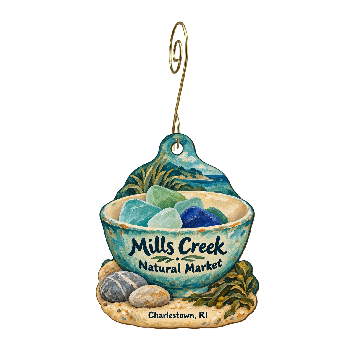 Mills Creek Natural Market — Store identity custom wood ornament OC1778, photographic gold spiral hook