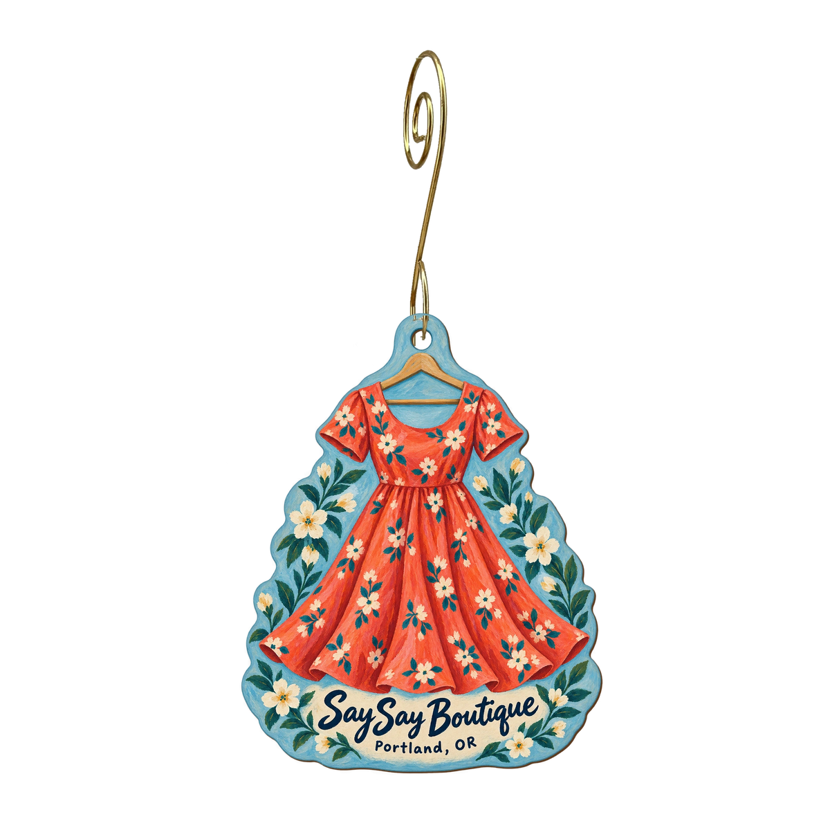 Saysay Boutique — Store identity custom wood ornament OC1784, photographic gold spiral hook
