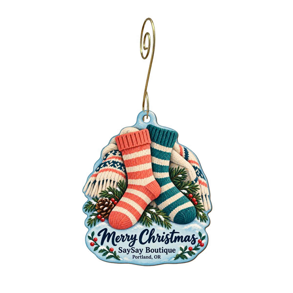 Saysay Boutique — Christmas custom wood ornament OC1785, photographic gold spiral hook