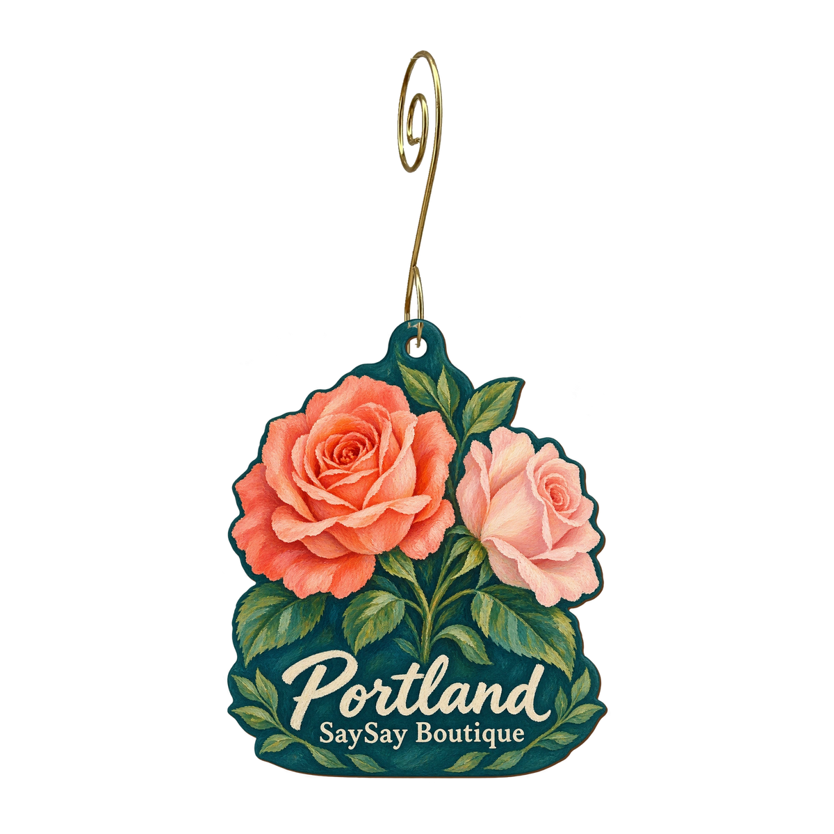 Saysay Boutique — Local inspiration custom wood ornament OC1786, photographic gold spiral hook