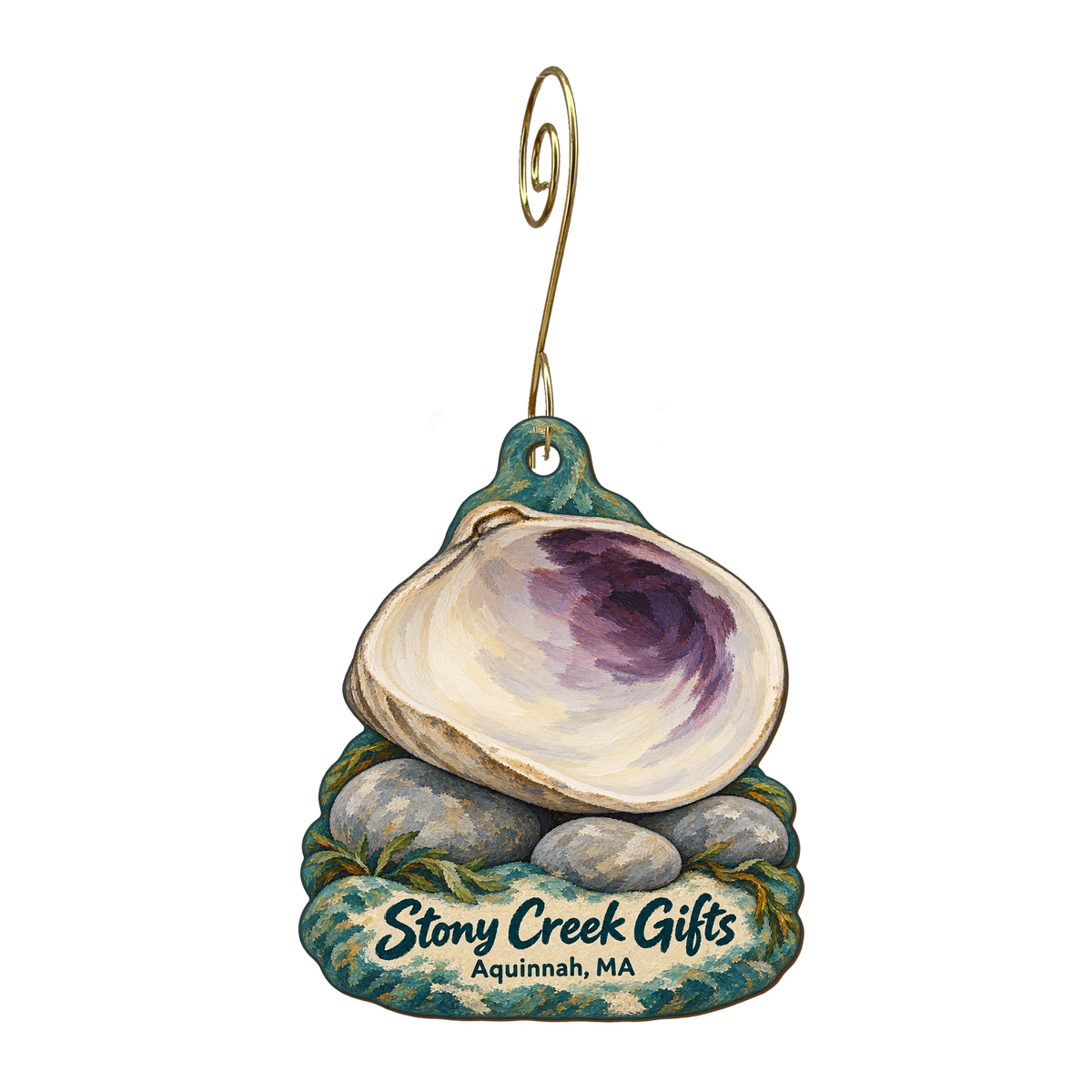 Stony Creek — Store identity custom wood ornament OC1787, photographic gold spiral hook