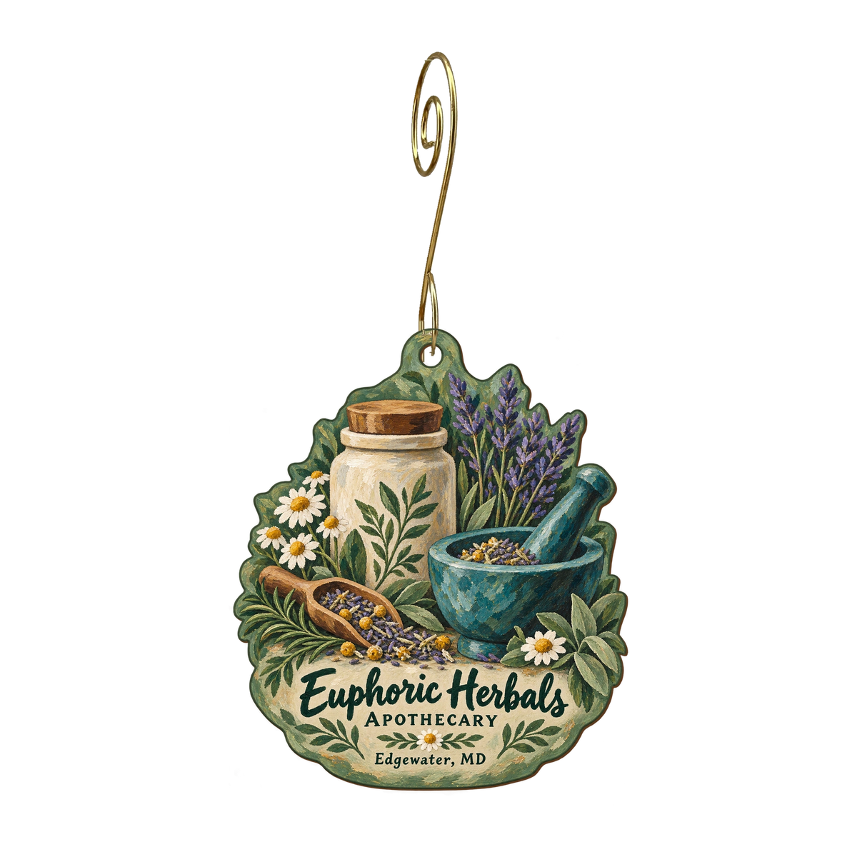 Euphoric Herbals Apothecary — Store identity custom wood ornament OC1790, photographic gold spiral hook
