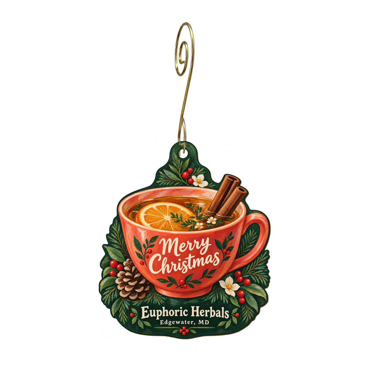 Euphoric Herbals Apothecary — Christmas custom wood ornament OC1791, photographic gold spiral hook
