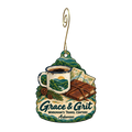 Workman’s Travel Centers Grace & Grit — Store identity custom wood ornament OC1793, photographic gold spiral hook