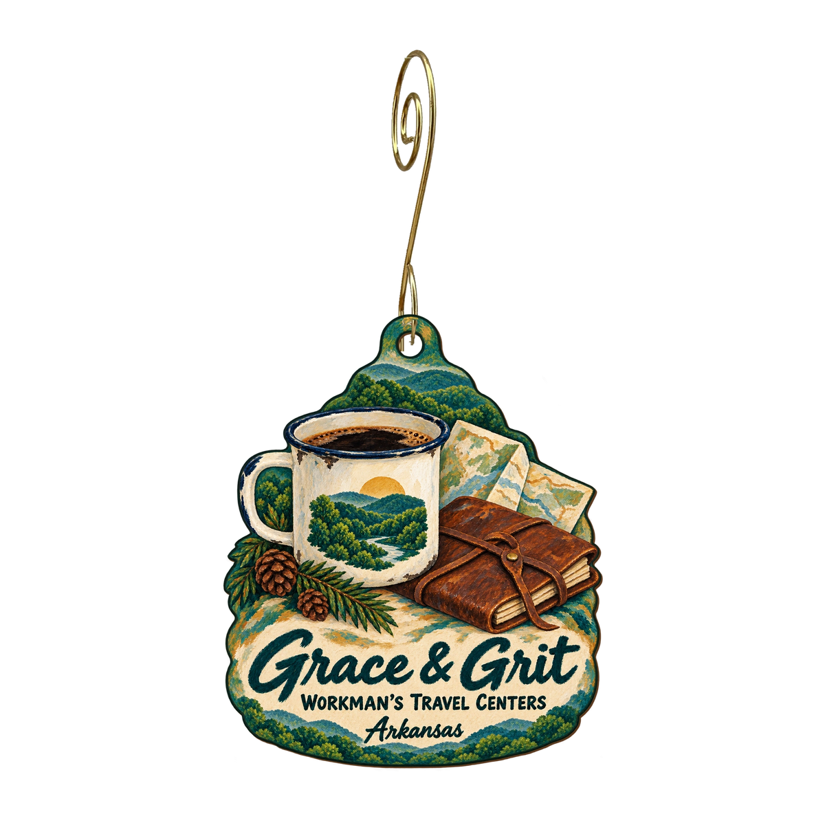 Workman’s Travel Centers Grace & Grit — Store identity custom wood ornament OC1793, photographic gold spiral hook