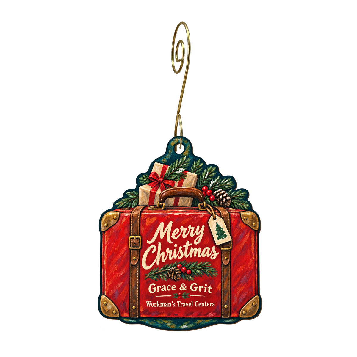 Workman’s Travel Centers Grace & Grit — Christmas custom wood ornament OC1794, photographic gold spiral hook