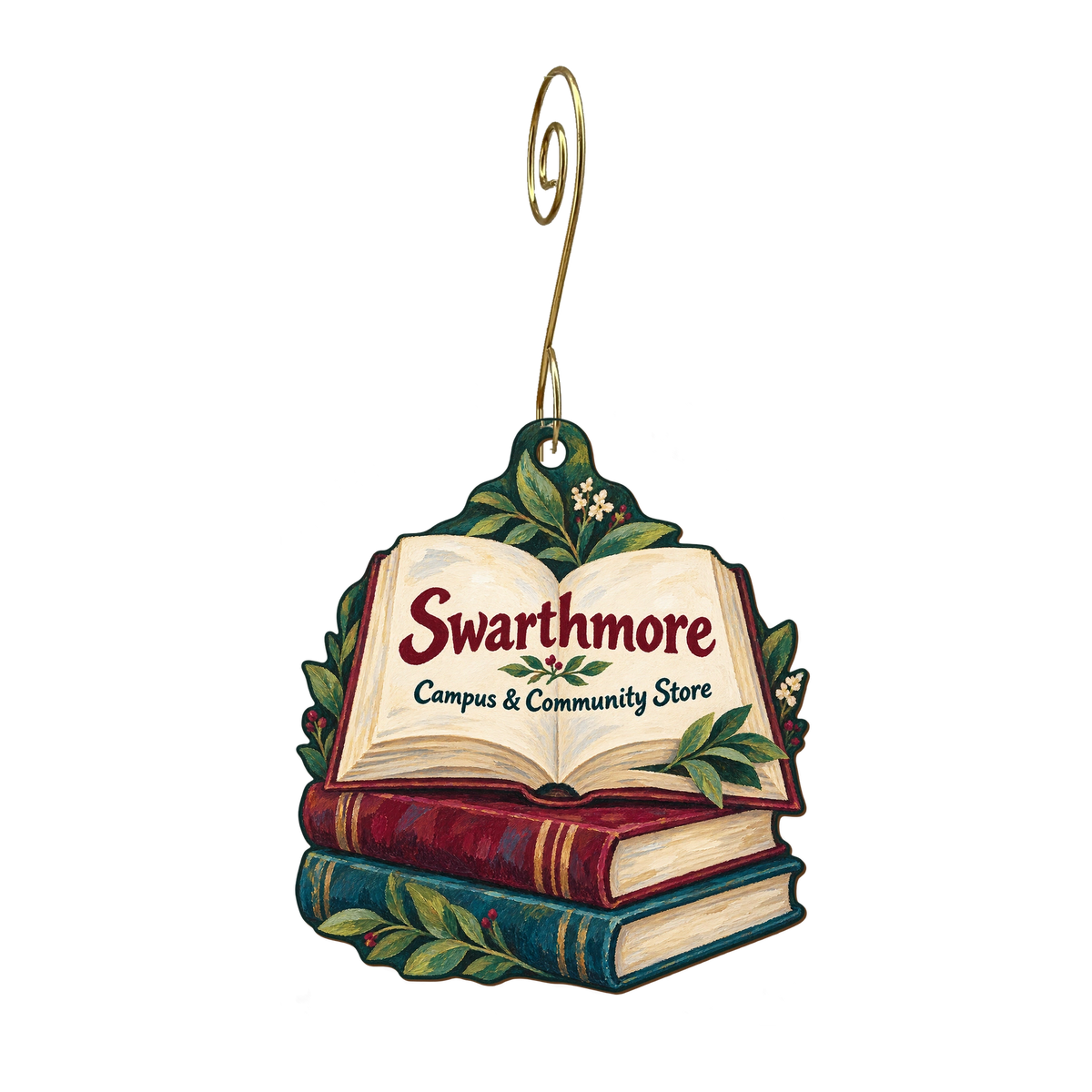 Swarthmore campus & community store — Store identity custom wood ornament OC1796, photographic gold spiral hook