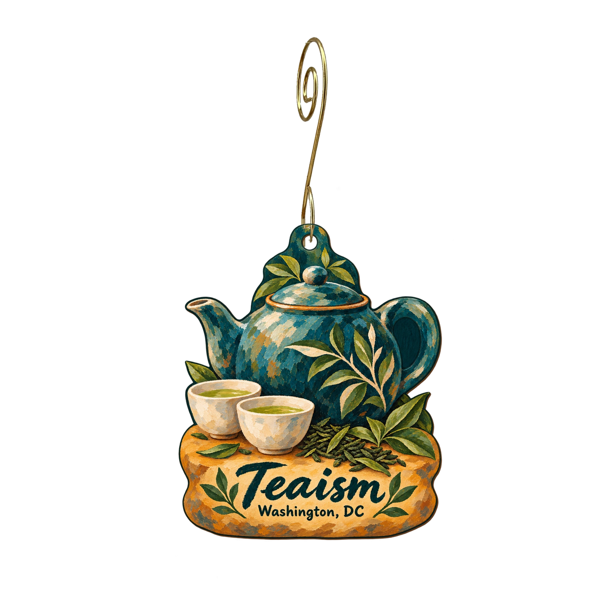 Teaism Tea Shop — Store identity custom wood ornament OC1799, photographic gold spiral hook