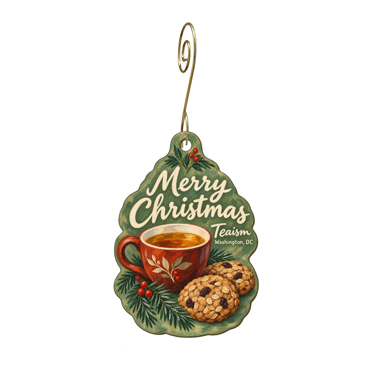 Teaism Tea Shop — Christmas custom wood ornament OC1800, photographic gold spiral hook