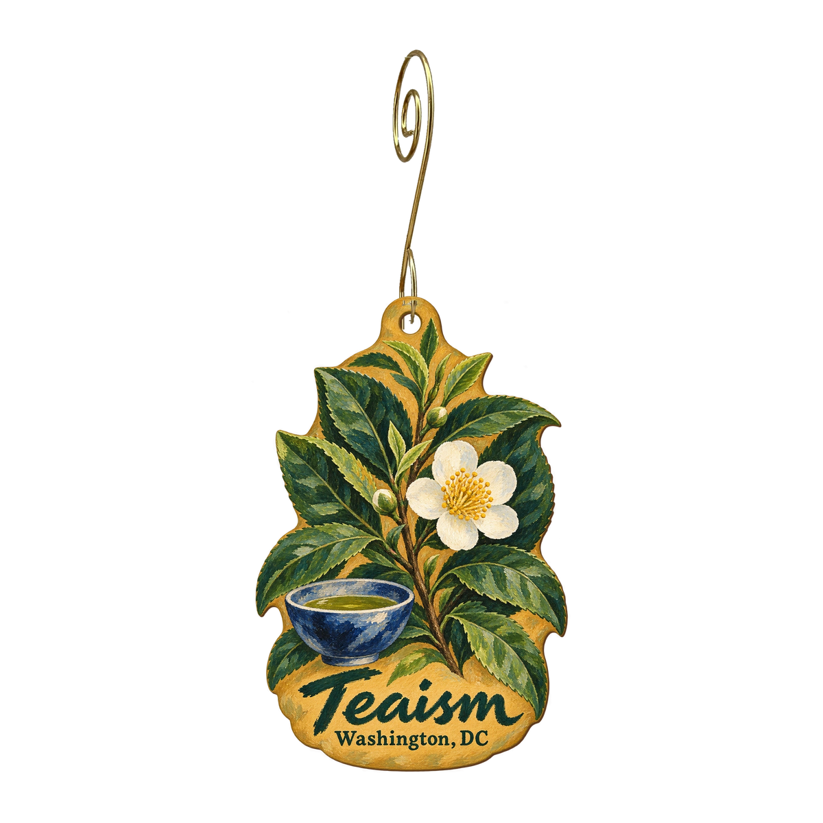 Teaism Tea Shop — Local inspiration custom wood ornament OC1801, photographic gold spiral hook