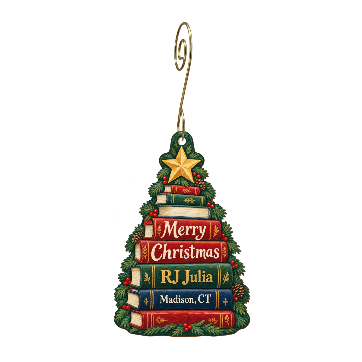 Rjjulia Madison — Christmas custom wood ornament OC1803, photographic gold spiral hook