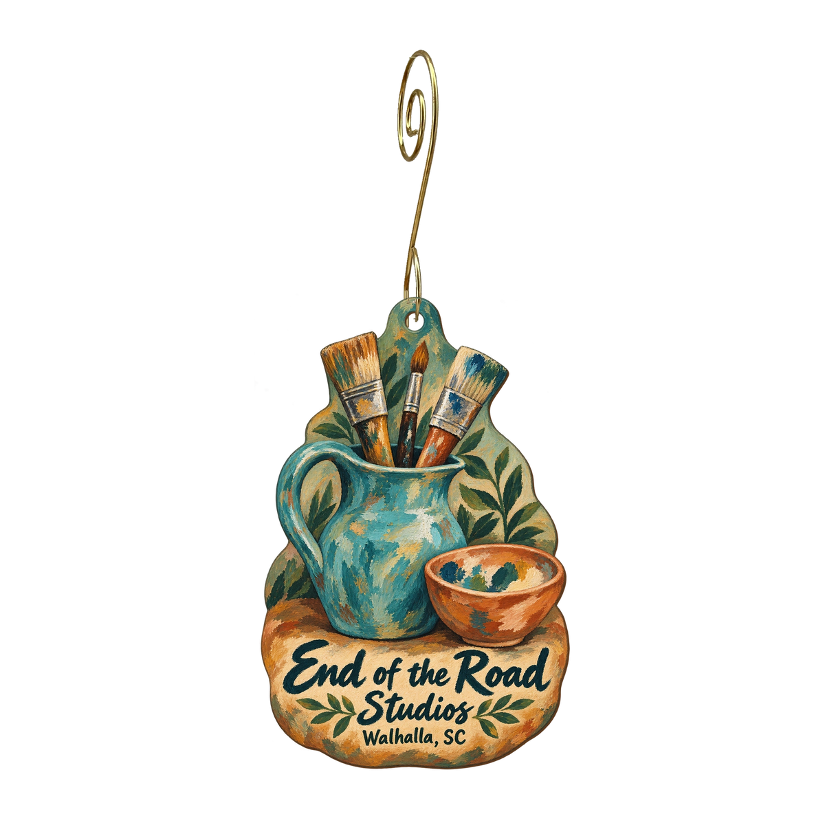 End of the Road Studios — Store identity custom wood ornament OC1805, photographic gold spiral hook