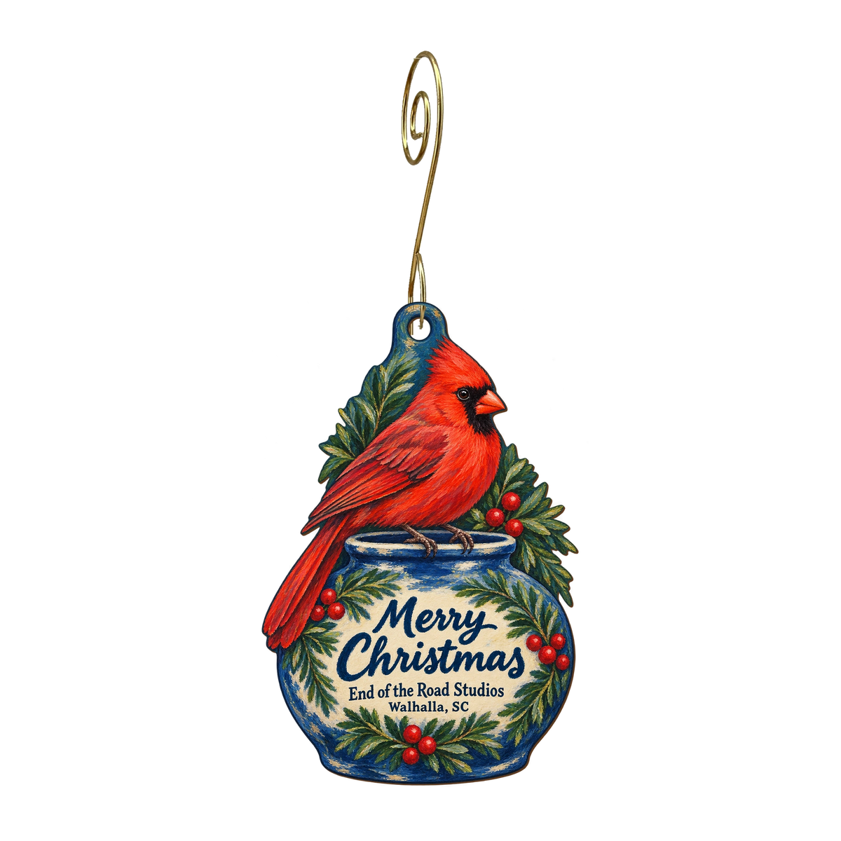 End of the Road Studios — Christmas custom wood ornament OC1806, photographic gold spiral hook