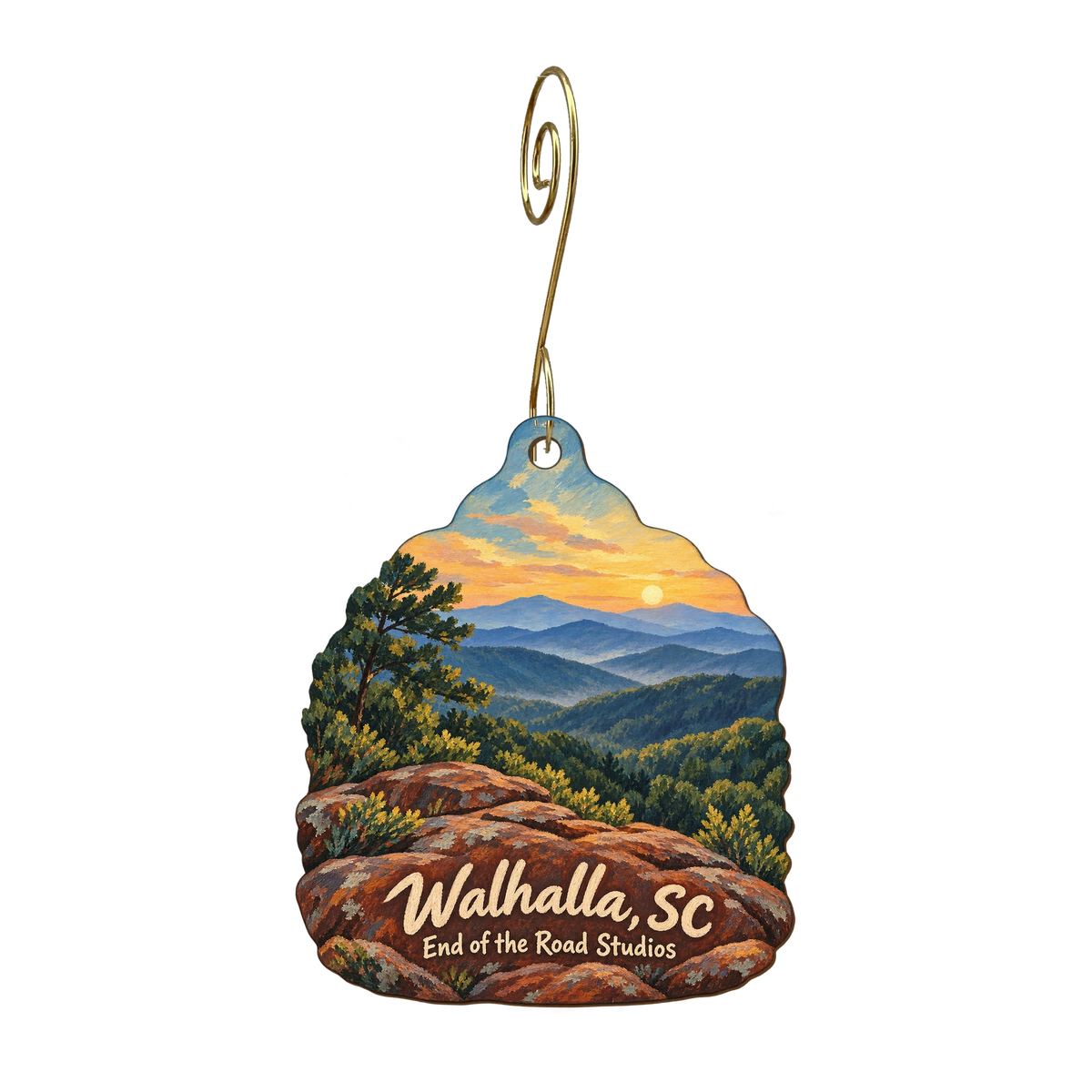 End of the Road Studios — Local inspiration custom wood ornament OC1807, photographic gold spiral hook