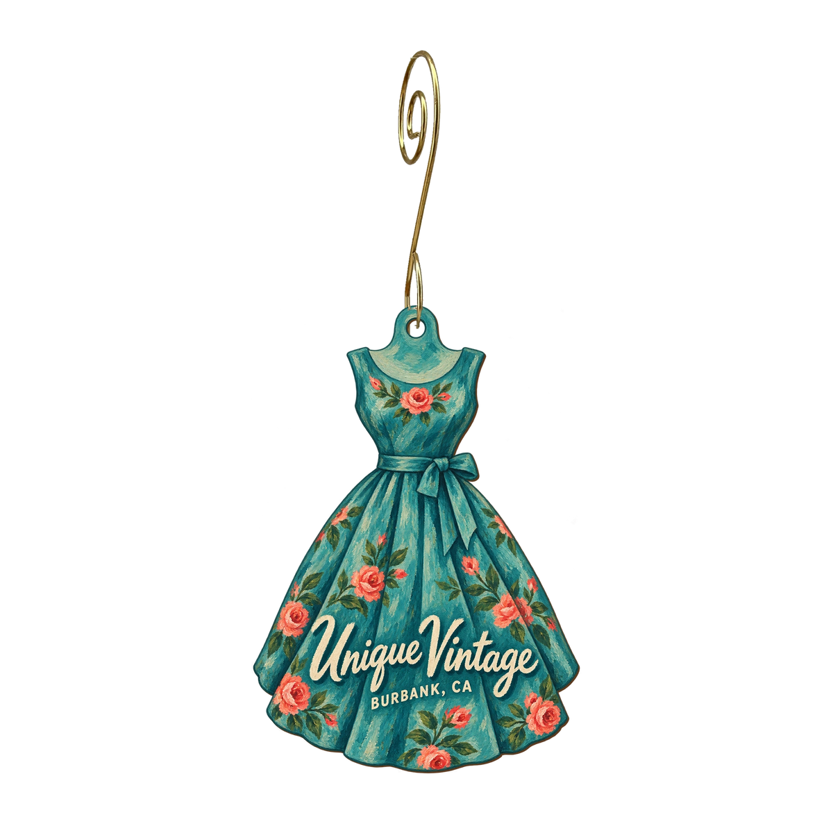 Unique Vintage — Store identity custom wood ornament OC1808, photographic gold spiral hook