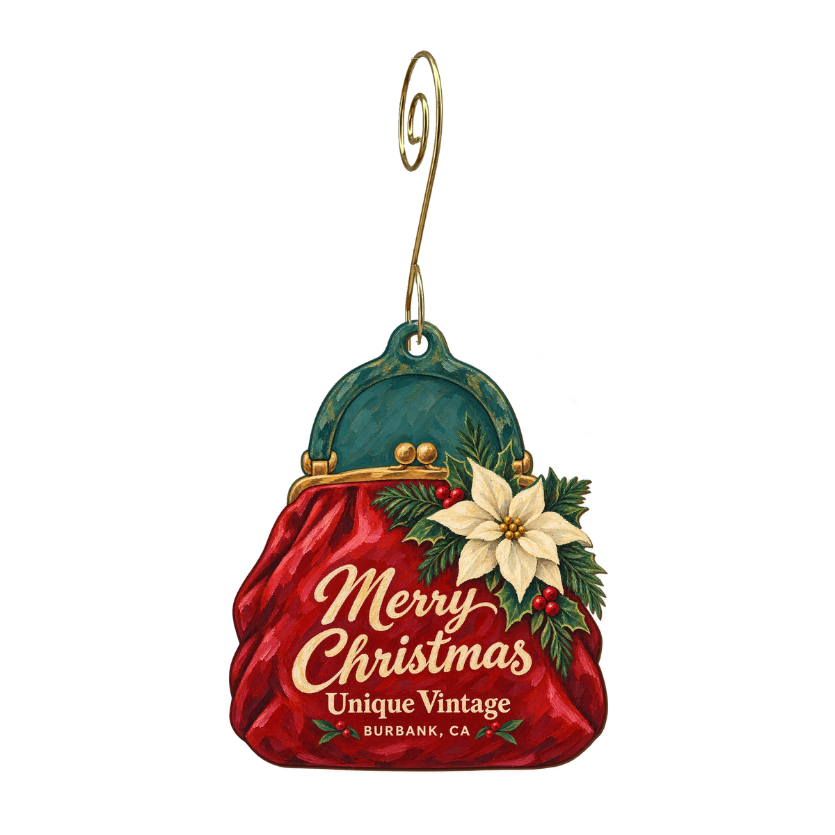 Unique Vintage — Christmas custom wood ornament OC1809, photographic gold spiral hook