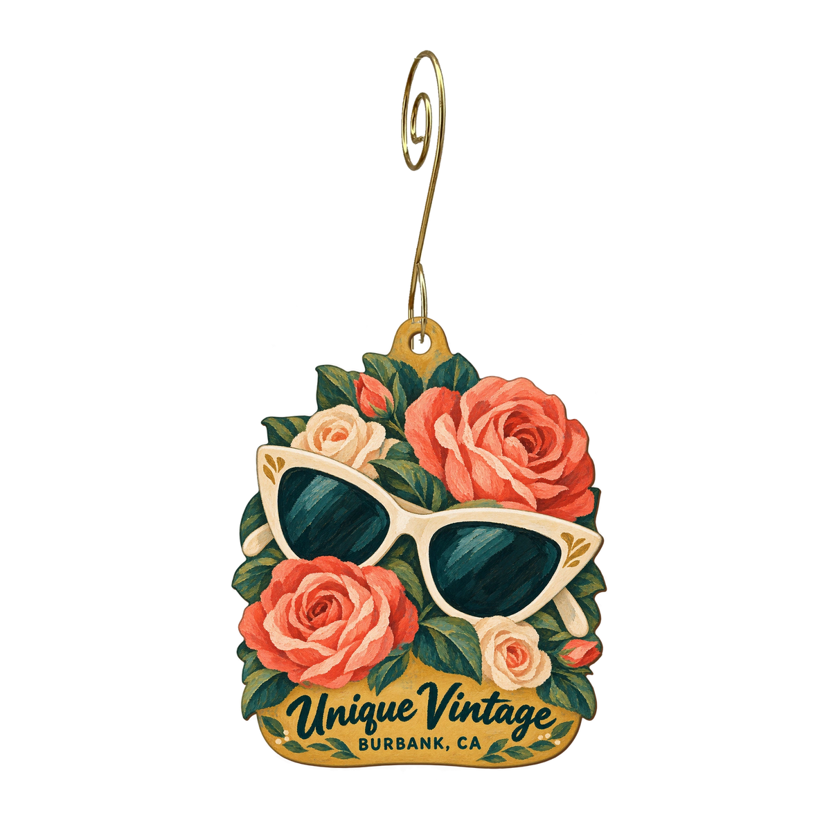 Unique Vintage — Local inspiration custom wood ornament OC1810, photographic gold spiral hook