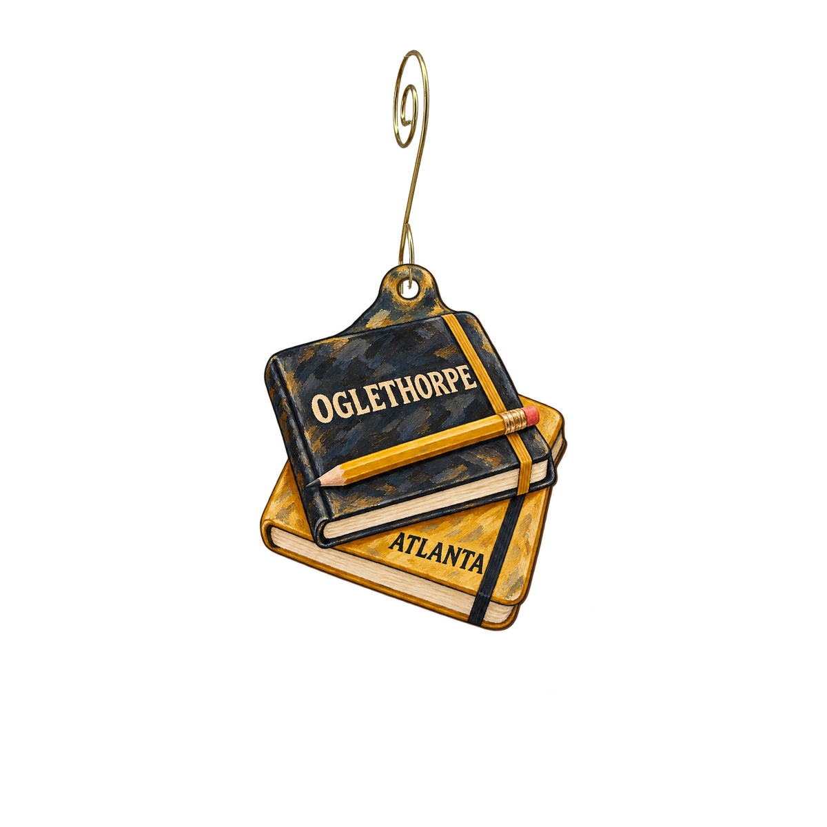 Oglethorpe S — Store identity custom wood ornament OC1811, photographic gold spiral hook