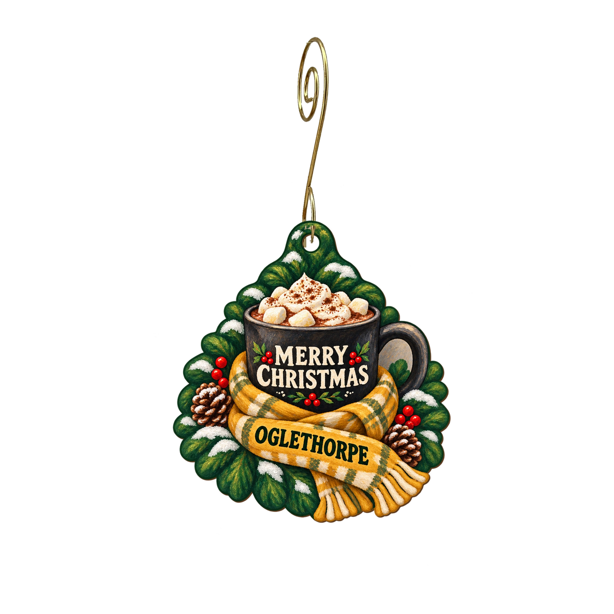Oglethorpe S — Christmas custom wood ornament OC1812, photographic gold spiral hook