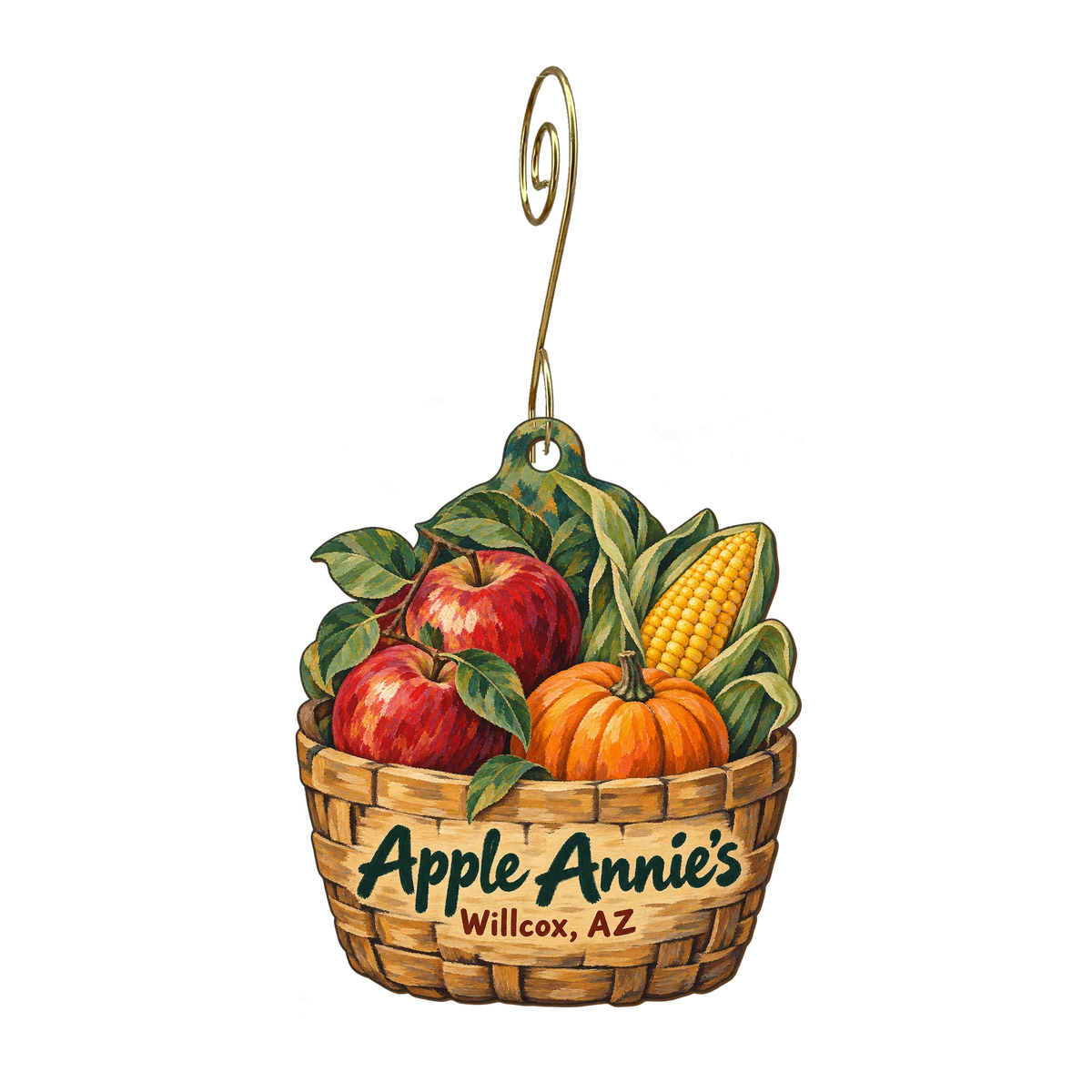 Apple Annie's You-Pick Orchard — Store identity custom wood ornament OC1814, photographic gold spiral hook
