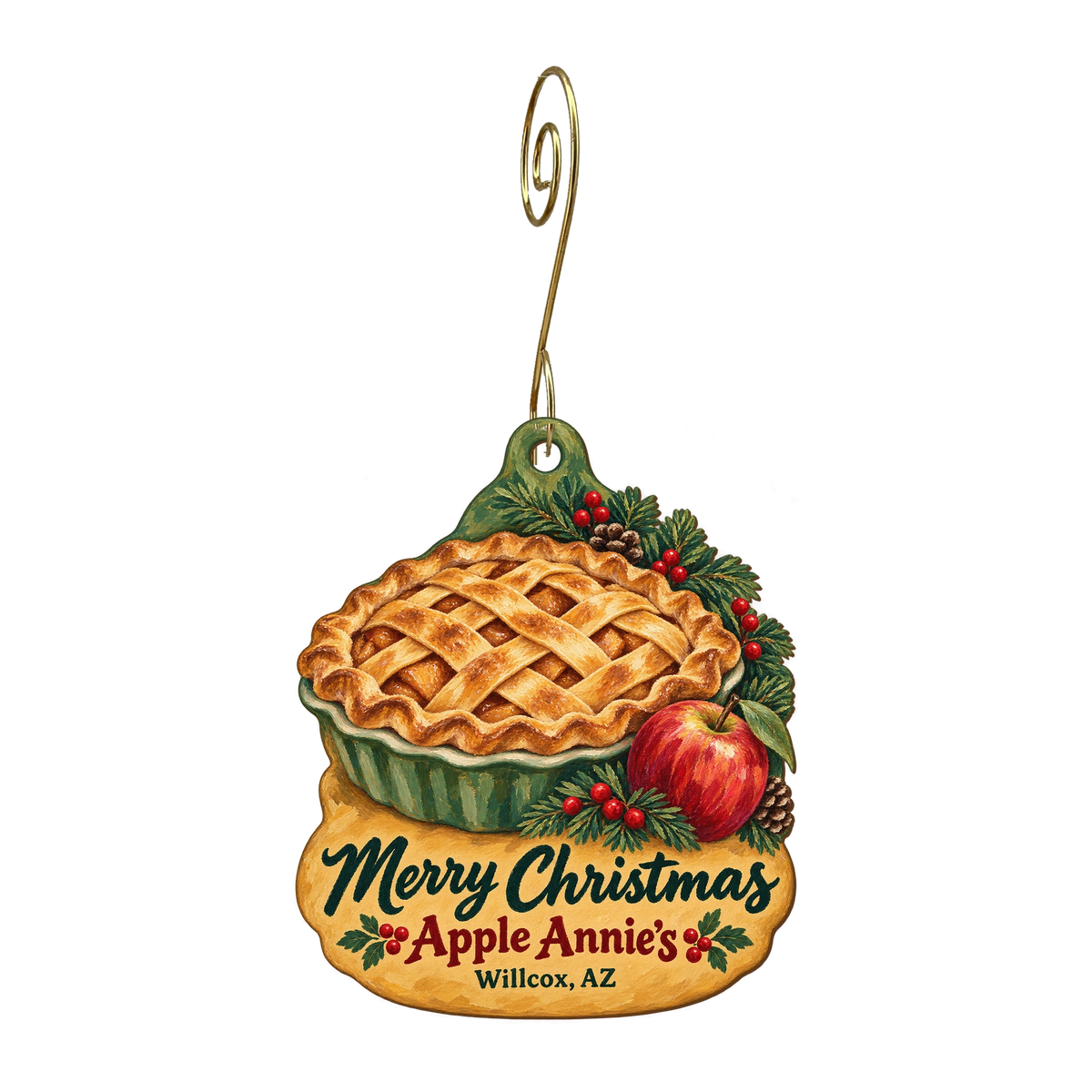 Apple Annie's You-Pick Orchard — Christmas custom wood ornament OC1815, photographic gold spiral hook