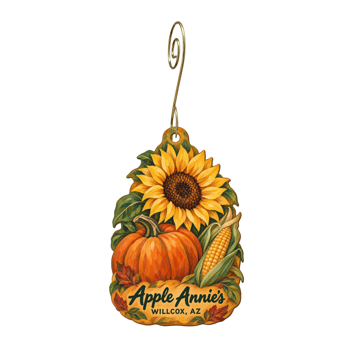 Apple Annie's You-Pick Orchard — Local inspiration custom wood ornament OC1816, photographic gold spiral hook