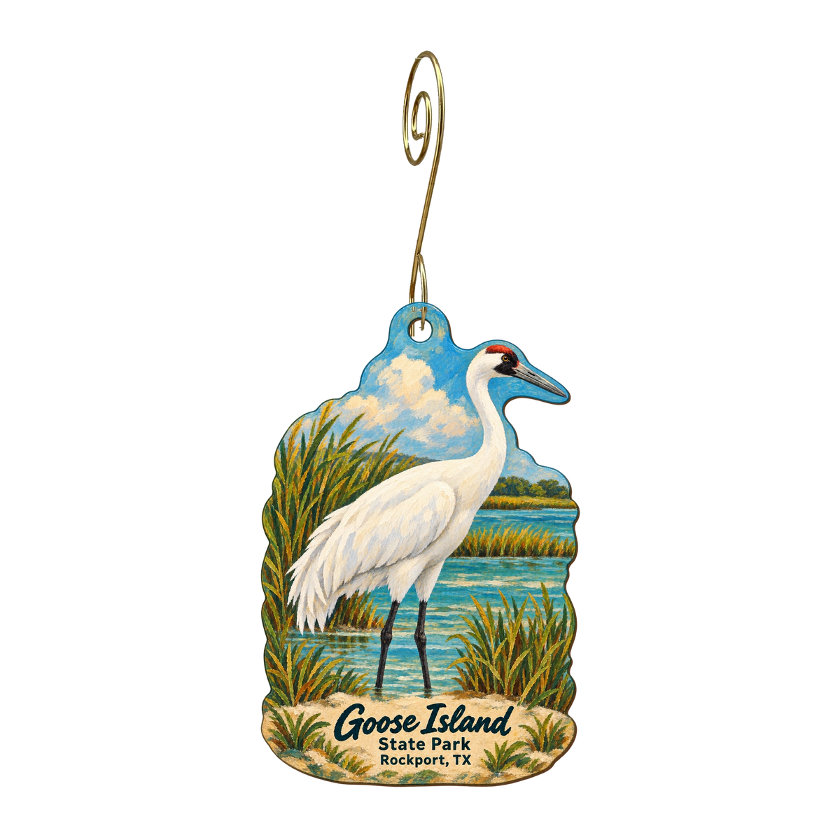 TPWD - Goose Island State Park — Store identity custom wood ornament OC1817, photographic gold spiral hook