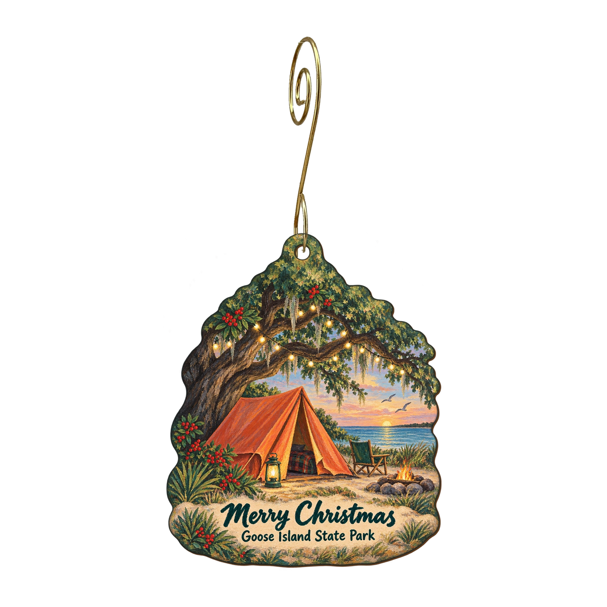 TPWD - Goose Island State Park — Christmas custom wood ornament OC1818, photographic gold spiral hook