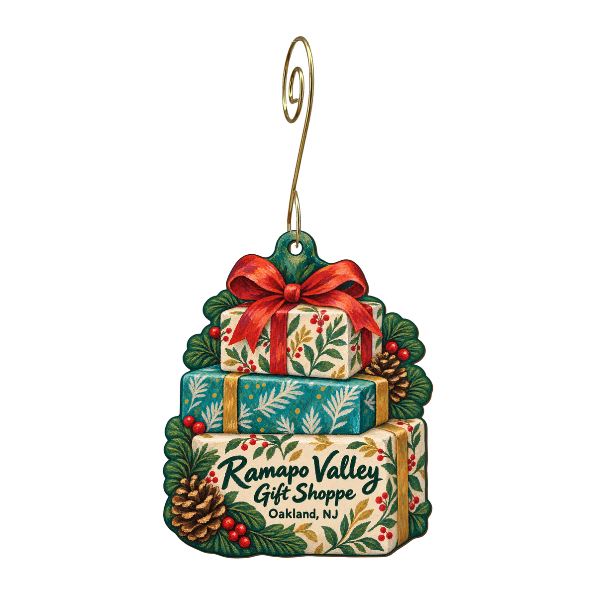 Ramapo Valley Gift Shoppe — Store identity custom wood ornament OC1820, photographic gold spiral hook