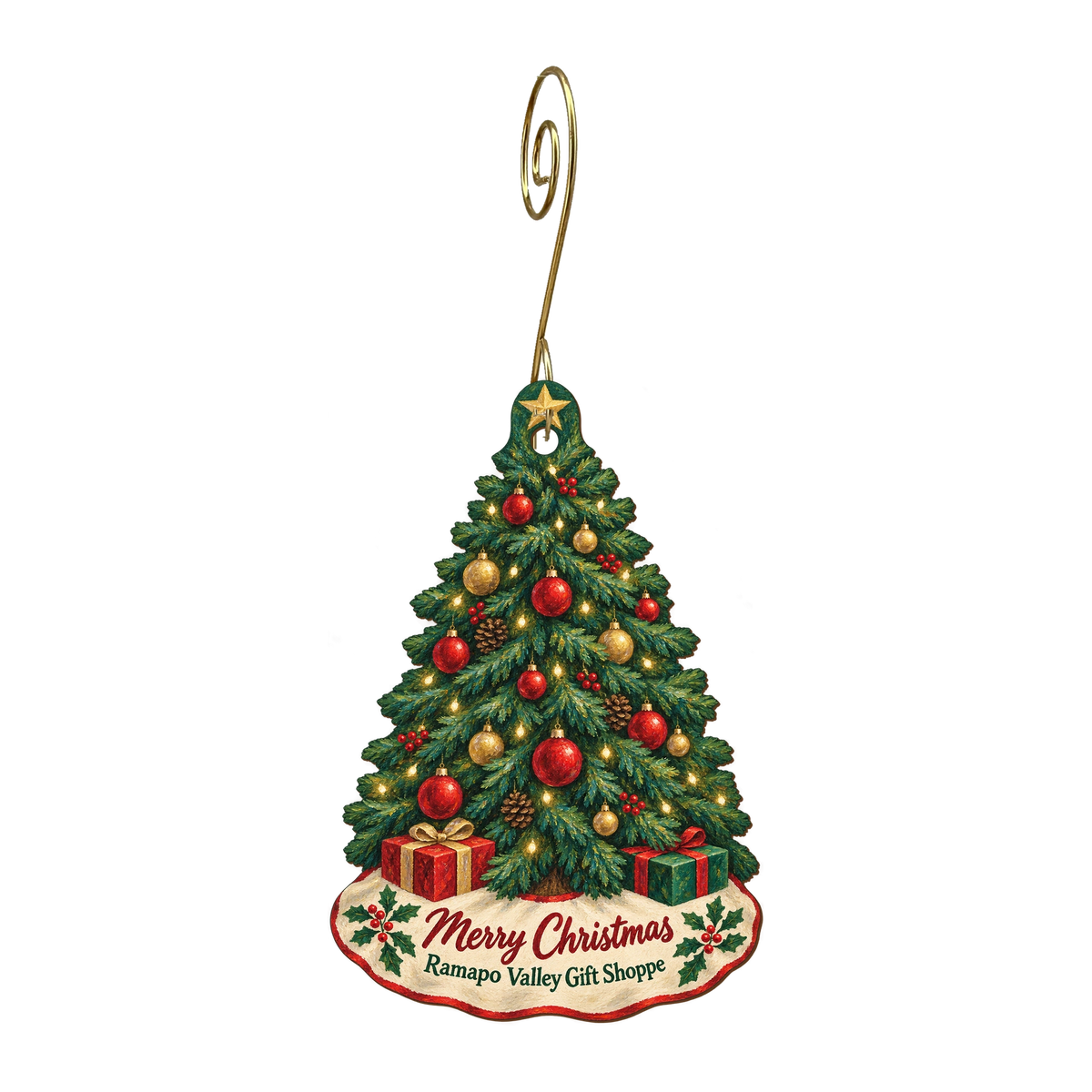 Ramapo Valley Gift Shoppe — Christmas custom wood ornament OC1821, photographic gold spiral hook