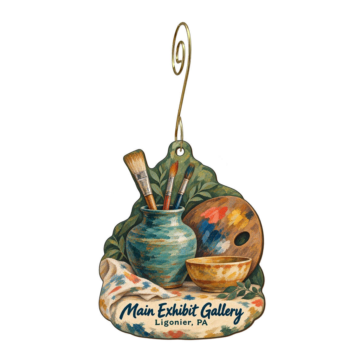 Main Exhibit Gallery — Store identity custom wood ornament OC1823, photographic gold spiral hook