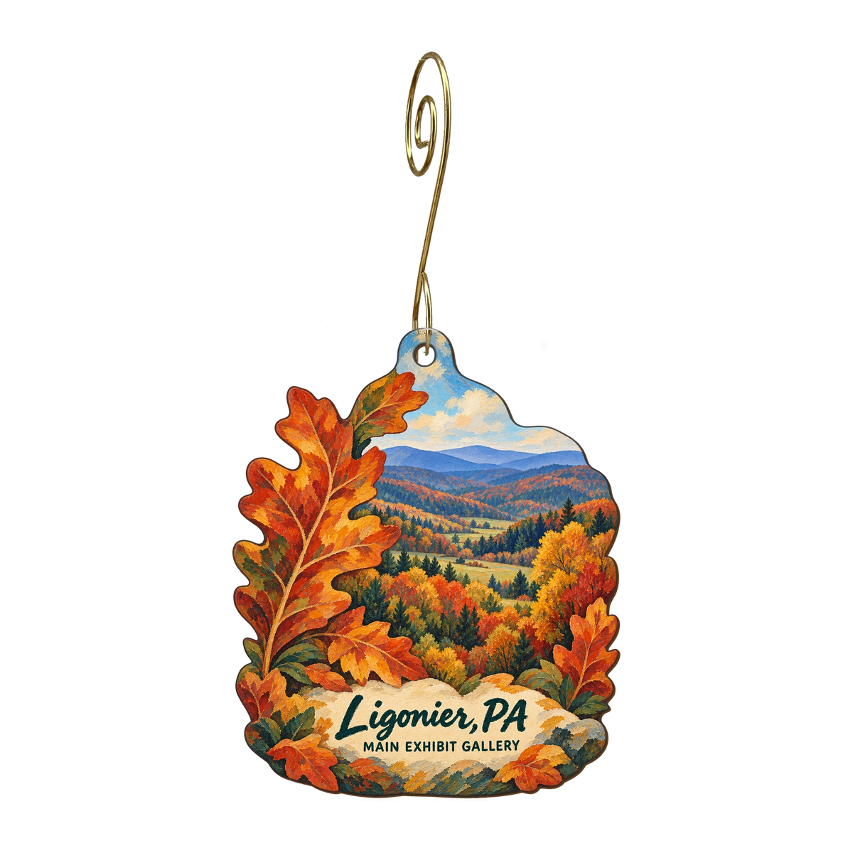 Main Exhibit Gallery — Local inspiration custom wood ornament OC1825, photographic gold spiral hook