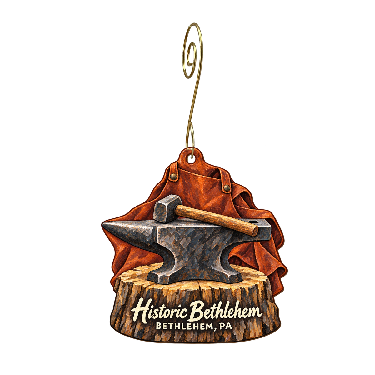 Historic Bethlehem — Store identity custom wood ornament OC1826, photographic gold spiral hook