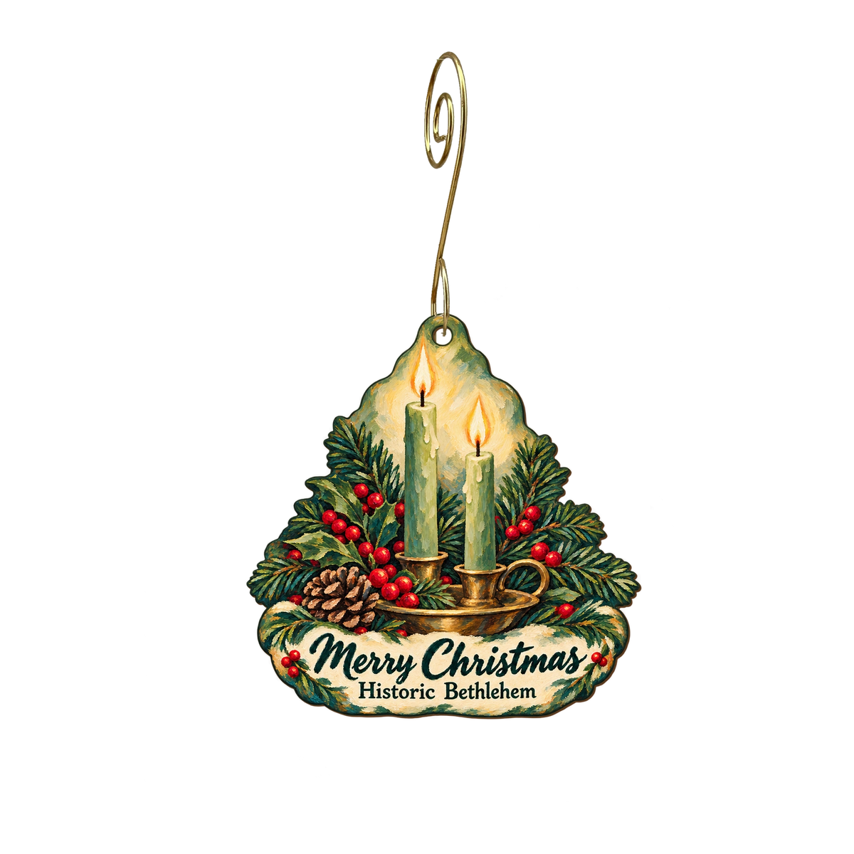 Historic Bethlehem — Christmas custom wood ornament OC1827, photographic gold spiral hook