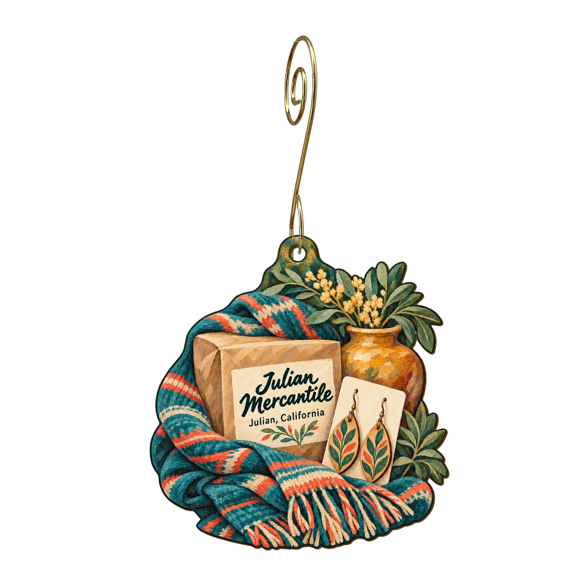 Julian Mercantile — Store identity custom wood ornament OC1829, photographic gold spiral hook