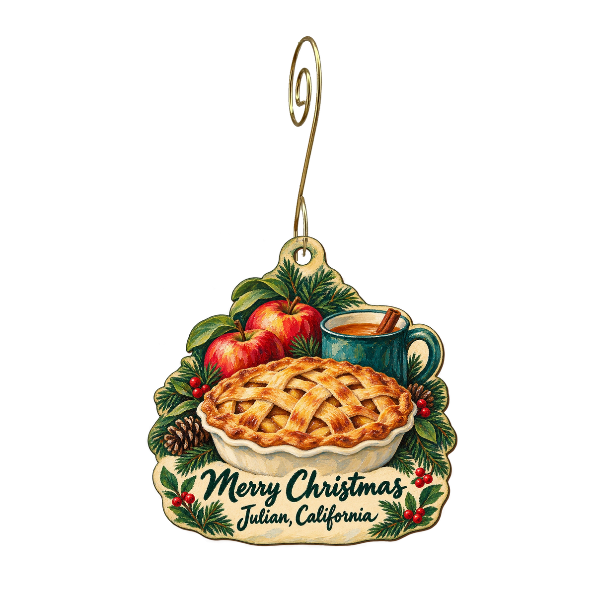 Julian Mercantile — Christmas custom wood ornament OC1830, photographic gold spiral hook
