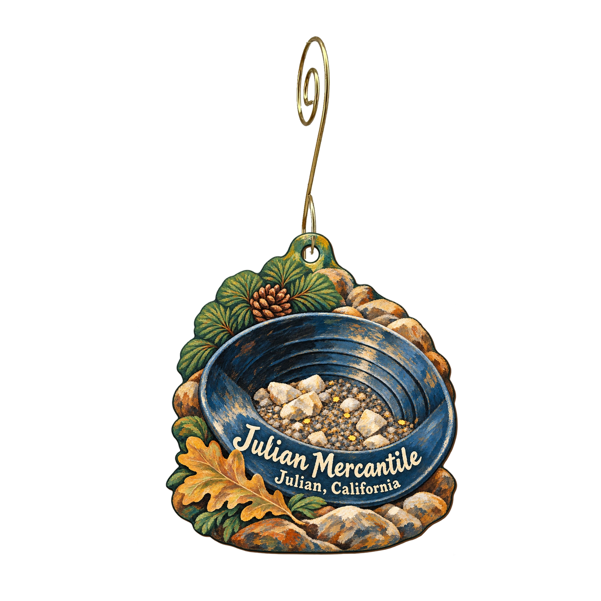Julian Mercantile — Local inspiration custom wood ornament OC1831, photographic gold spiral hook
