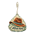 Alley Hats — Store identity custom wood ornament OC1832, photographic gold spiral hook