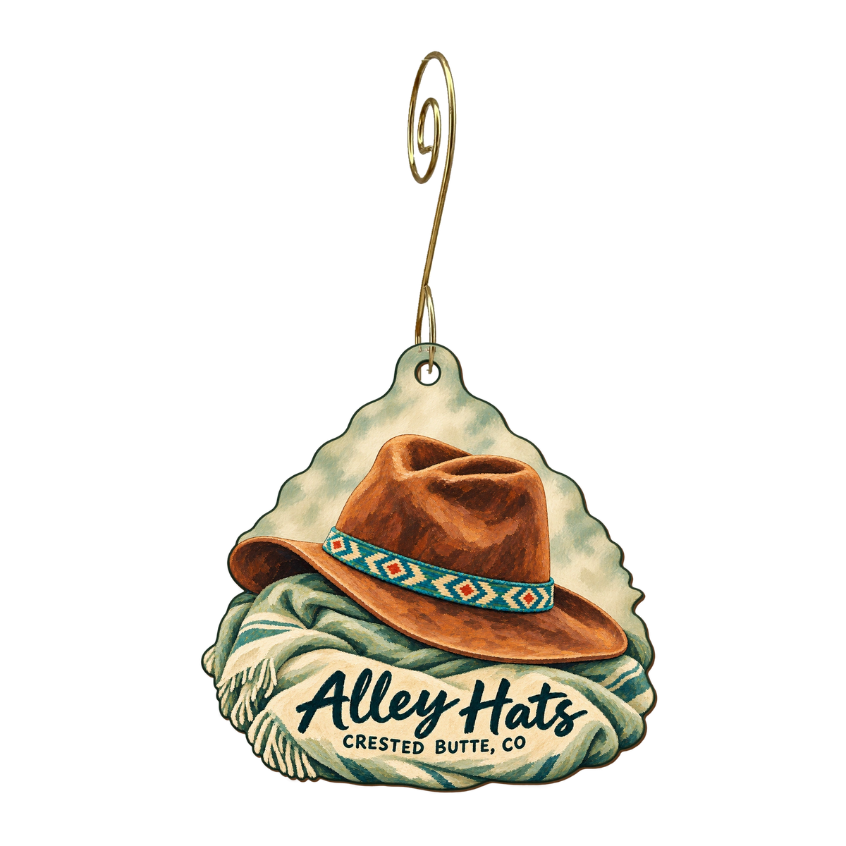 Alley Hats — Store identity custom wood ornament OC1832, photographic gold spiral hook