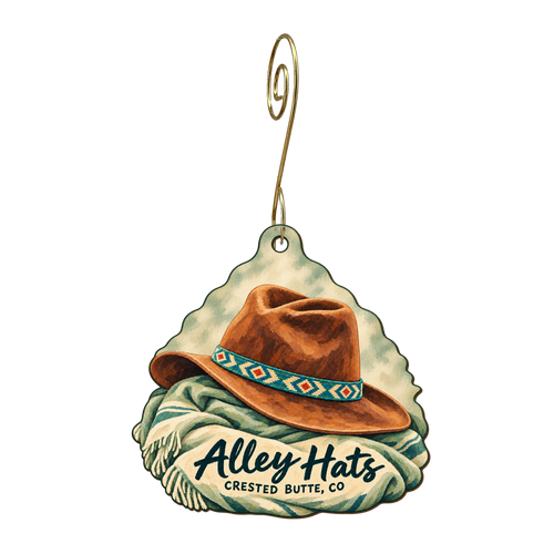 Alley Hats — Store identity custom wood ornament OC1832, photographic gold spiral hook