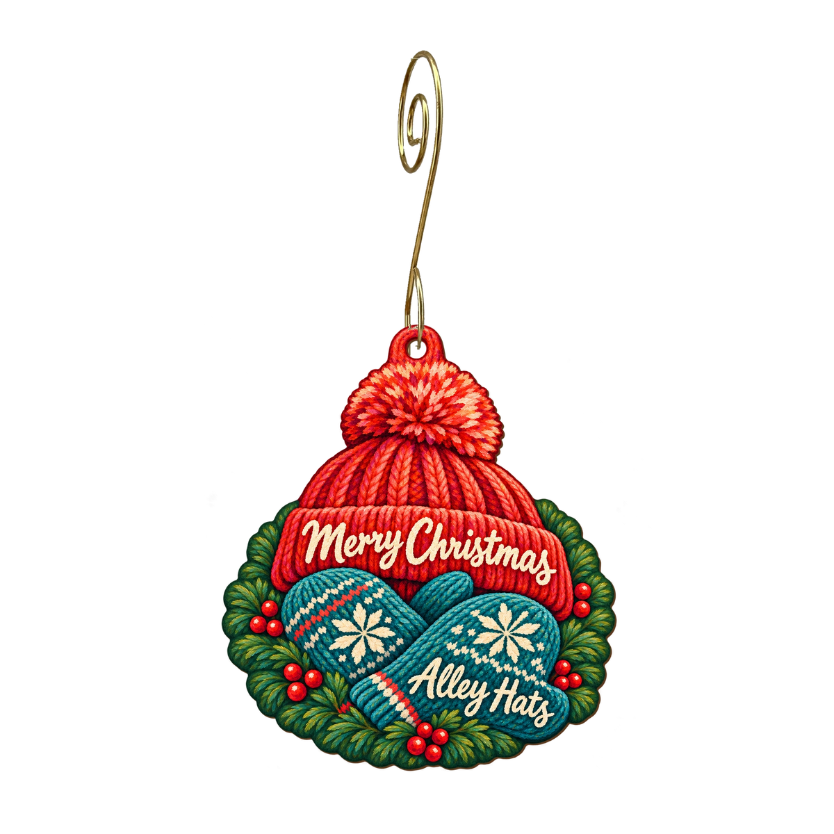Alley Hats — Christmas custom wood ornament OC1833, photographic gold spiral hook