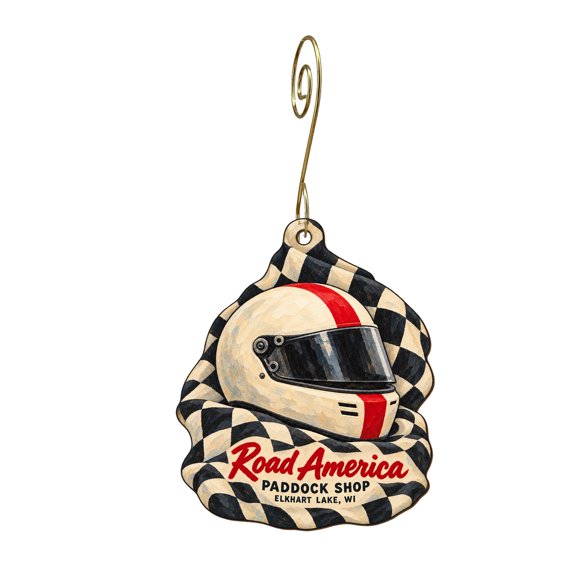 Road America Paddock Shop — Store identity custom wood ornament OC1835, photographic gold spiral hook