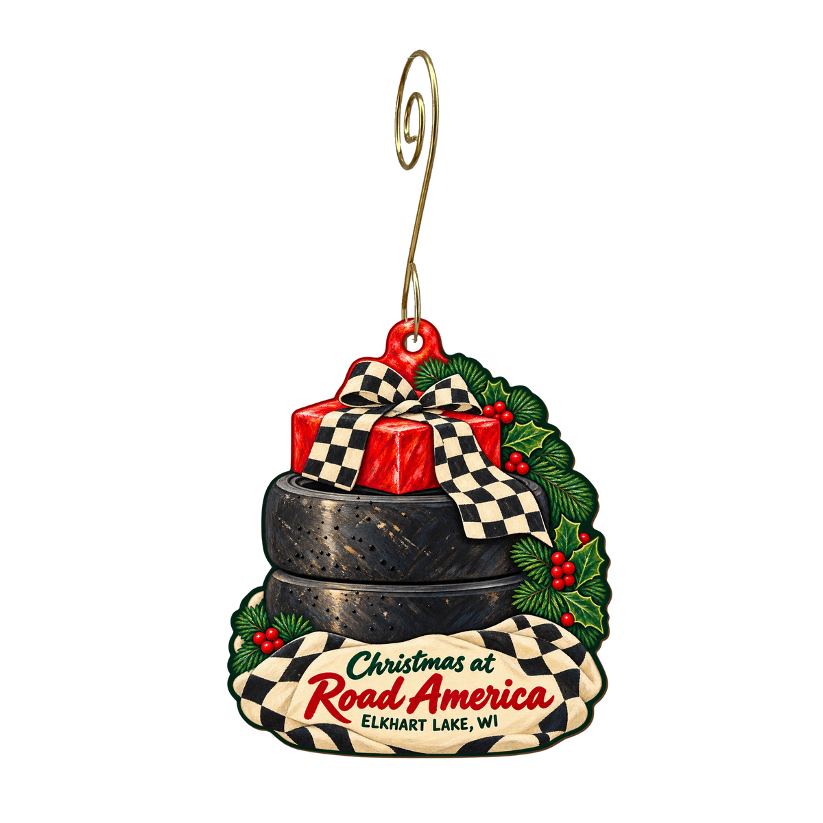 Road America Paddock Shop — Christmas custom wood ornament OC1836, photographic gold spiral hook