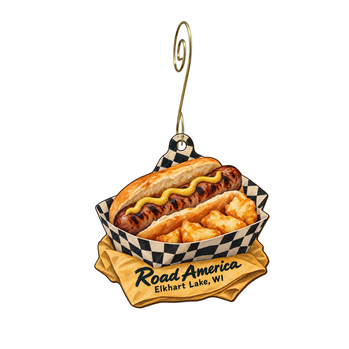 Road America Paddock Shop — Local inspiration custom wood ornament OC1837, photographic gold spiral hook