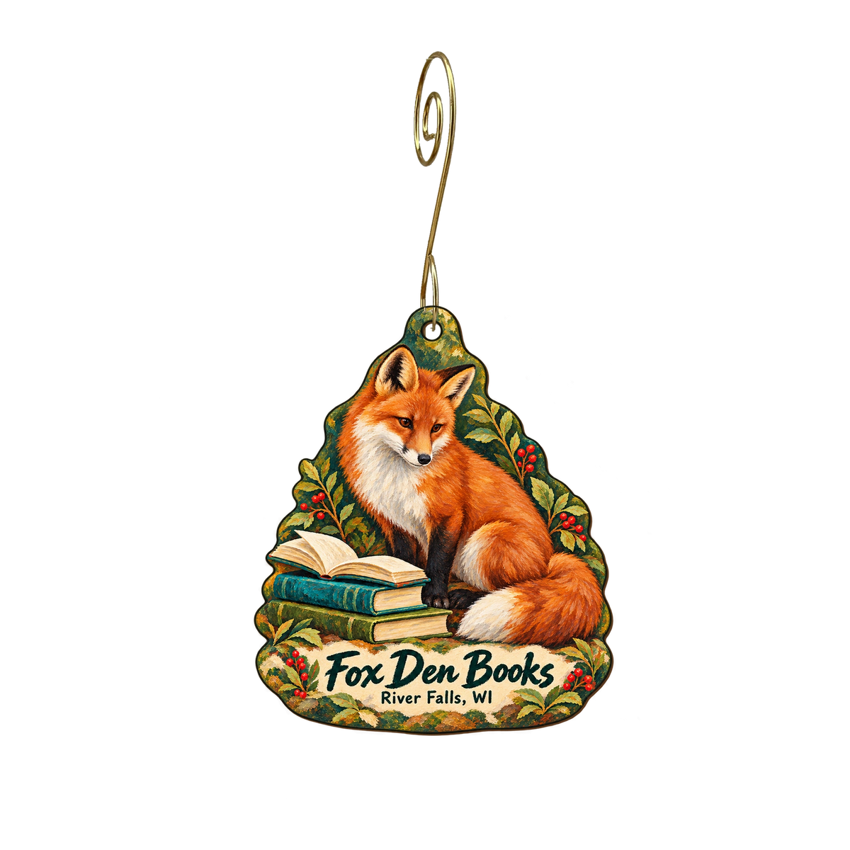 Fox Den Books — Store identity custom wood ornament OC1838, photographic gold spiral hook