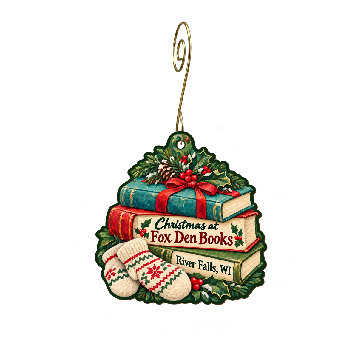 Fox Den Books — Christmas custom wood ornament OC1839, photographic gold spiral hook