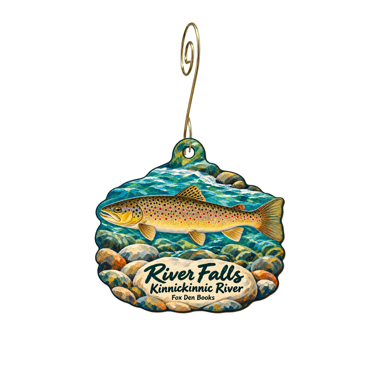 Fox Den Books — Local inspiration custom wood ornament OC1840, photographic gold spiral hook